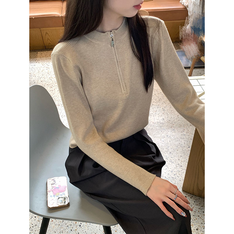 實拍 秋冬加厚拉鏈微立領針織衫美拉德純色百搭顯瘦長袖毛衣