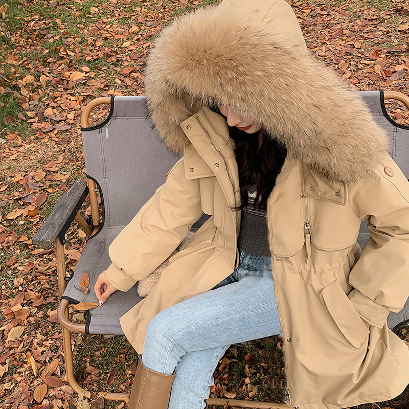 Actual shot of 2023 new cotton-padded jacket for women to overcome the winter Korean version of women's mid-length large fur collar casual down-padded jacket