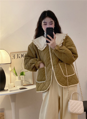 Real shot of autumn and winter new splicing contrasting color loose and slim rhombus doll collar coat thickened warm cotton coat for women