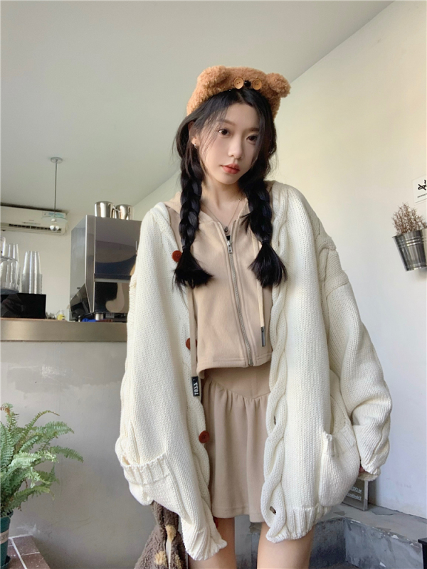 Actual shot ~ girly camel color sweatshirt jacket skirt suit + twist sweater cardigan jacket
