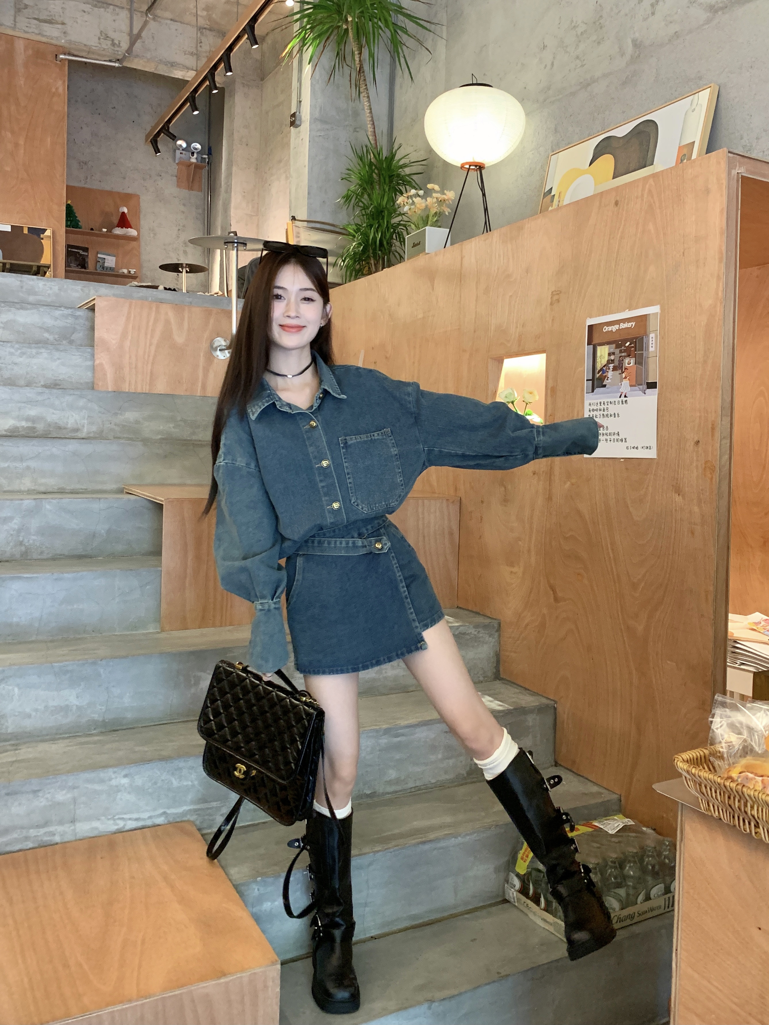 實拍時尚套裝女復古牛仔長袖外套早秋設計感半身裙短裙兩件套