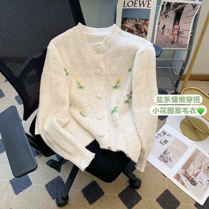 實拍2023秋冬森系藝術生奶fufu小清新花朵刺繡古着軟糯毛衣開衫女