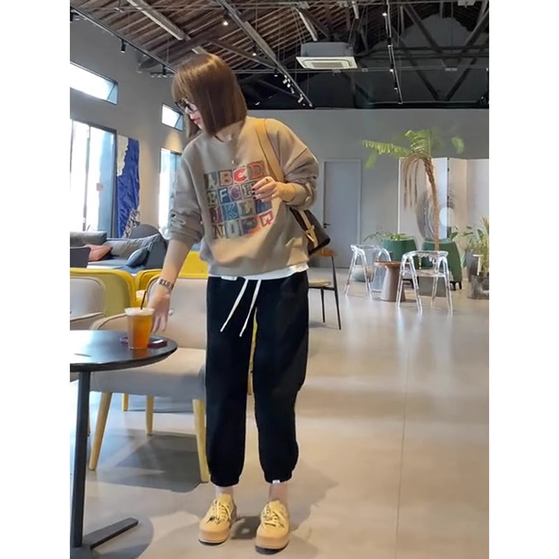 純棉複合 小個子短款衛衣女秋冬裝寬鬆慵懶風長袖圓領上衣