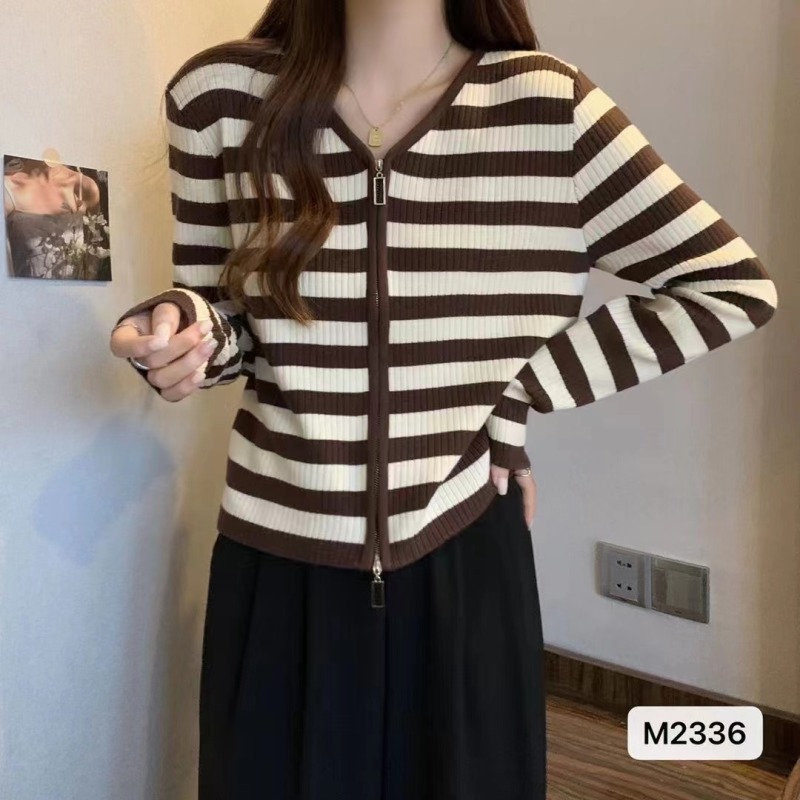 秋季新款韓版慵懶風V領條紋雙頭拉鏈開衫外套上衣女