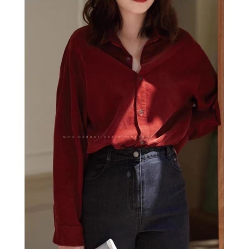 Retro Hong Kong style casual long-sleeved shirt women's design niche loose layered top red brushed shirt jacket