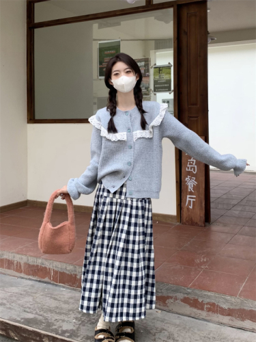 Actual shot of the new autumn and winter Korean style French lazy style knitted cardigan doll collar sweater jacket suit