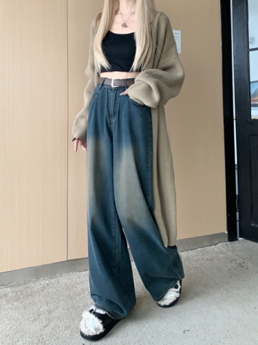 Actual shot #New high-waisted loose denim trousers for women with design retro washed wide-leg floor-length trousers