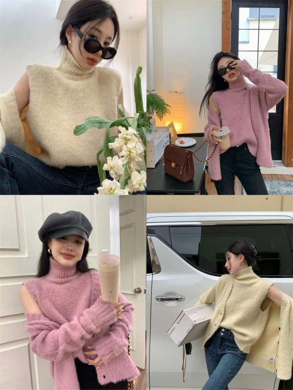 Real shot of layered relaxed and gentle heroine wool mohair glutinous sweater cardigan apricot top