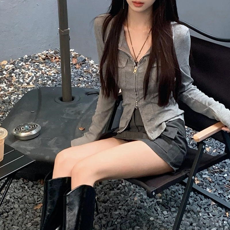 Original method of large size short coat women's trendy autumn new style zipper temperament slim slim long-sleeved top