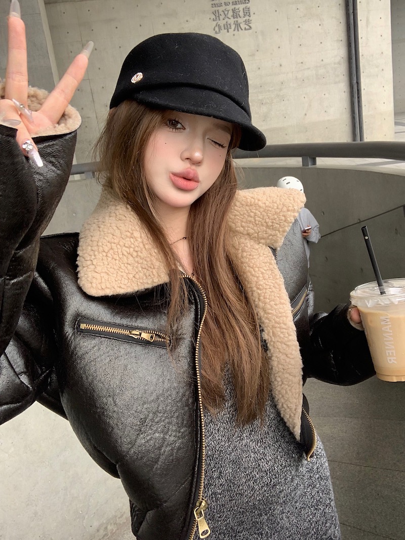 Actual shot Korean style slim fit short motorcycle fur all-in-one long-sleeved warm cardigan and cotton coat