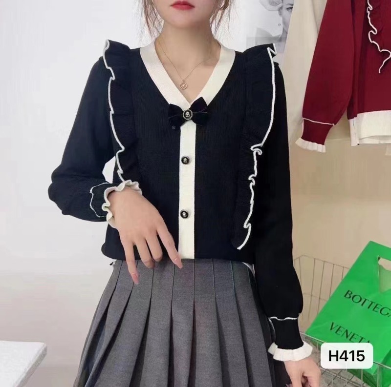 秋季新款韓版時尚甜美V領蝴蝶結木耳邊長袖開衫上衣女
