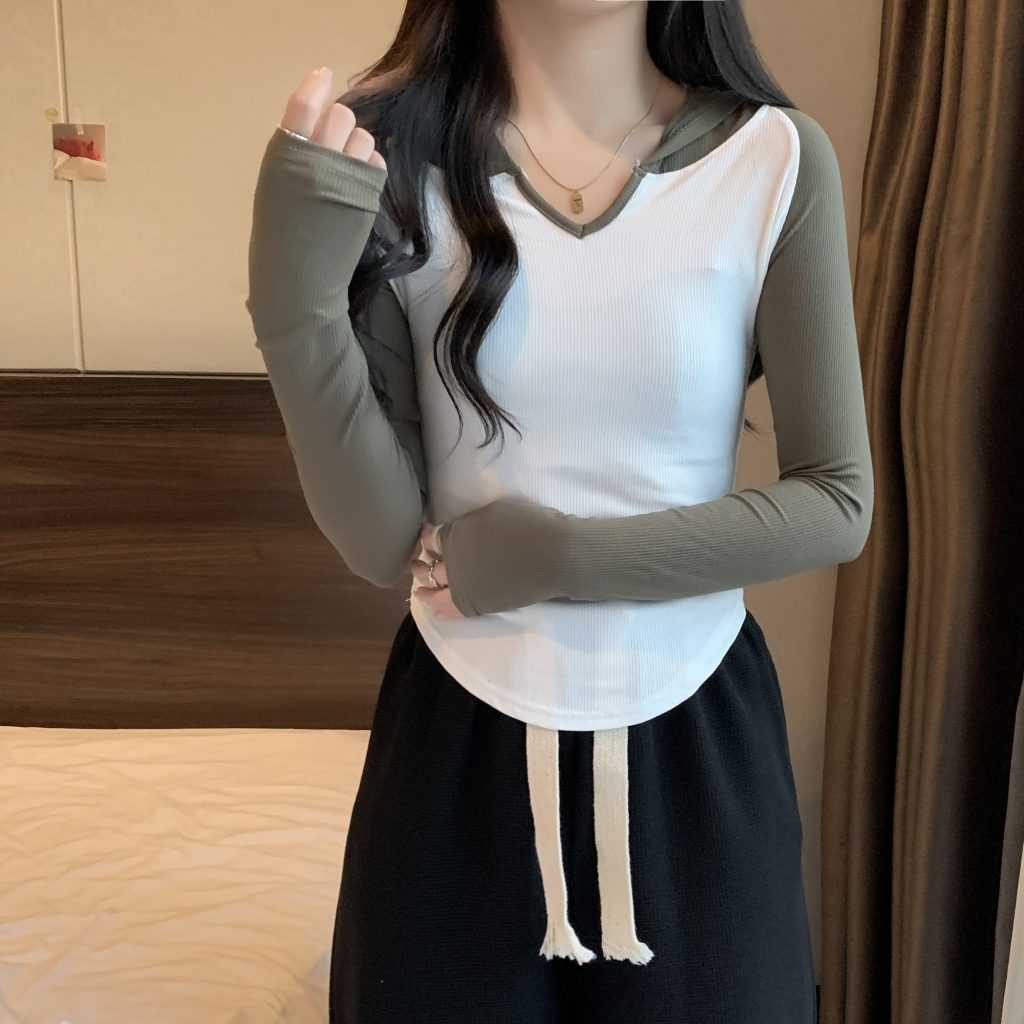 實拍  有氨德絨 連帽設計感鏤空打底衫女磨毛秋冬裝