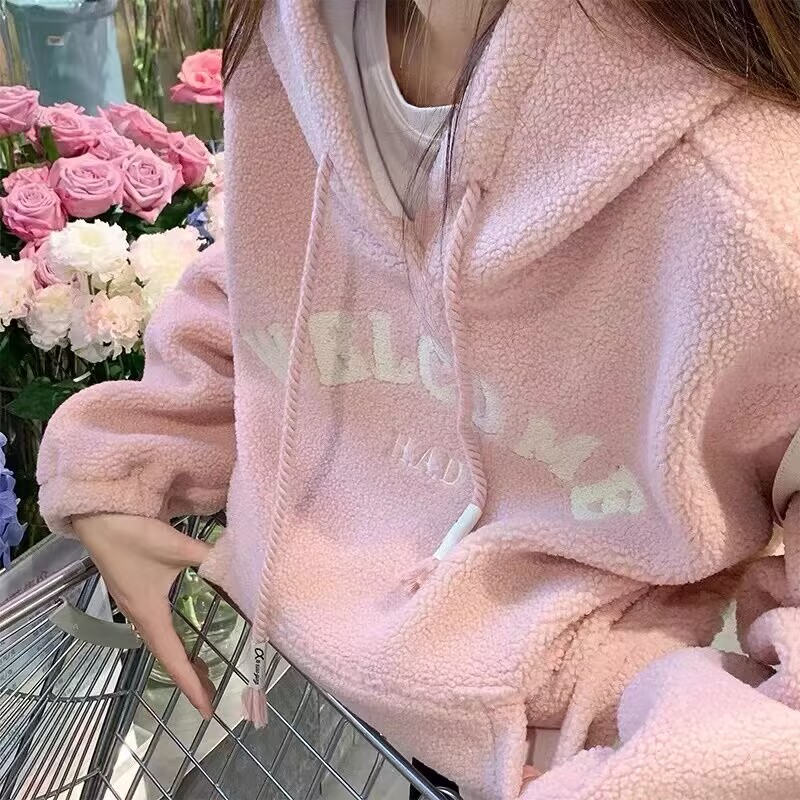 Winter warm and versatile letter embroidered double-sided velvet hooded sweatshirt with stylish design for women