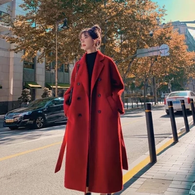 Red woolen blazer women's mid-length 2023 winter new style over-the-knee loose temperament thickened woolen coat