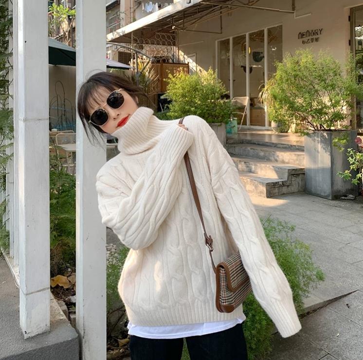冬裝新款大板型大碼女裝加厚高領麻花毛衣內搭復古慵懶風上衣
