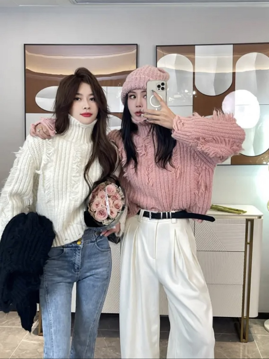軟糯溫柔風高領套頭毛衣女秋冬寬鬆慵懶流蘇破洞百搭保暖針織上衣