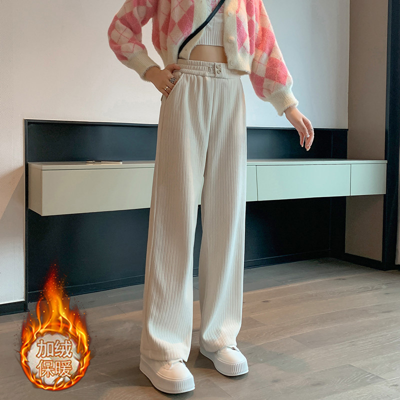 實拍 冬季韓版雪尼爾複合寬鬆闊腿褲拖地褲休閒加絨運動褲女