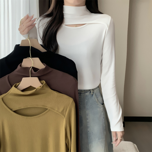 Actual shot of ammonia velvet half turtleneck hollow bottoming shirt women's long-sleeved T-shirt brushed design autumn and winter clothing