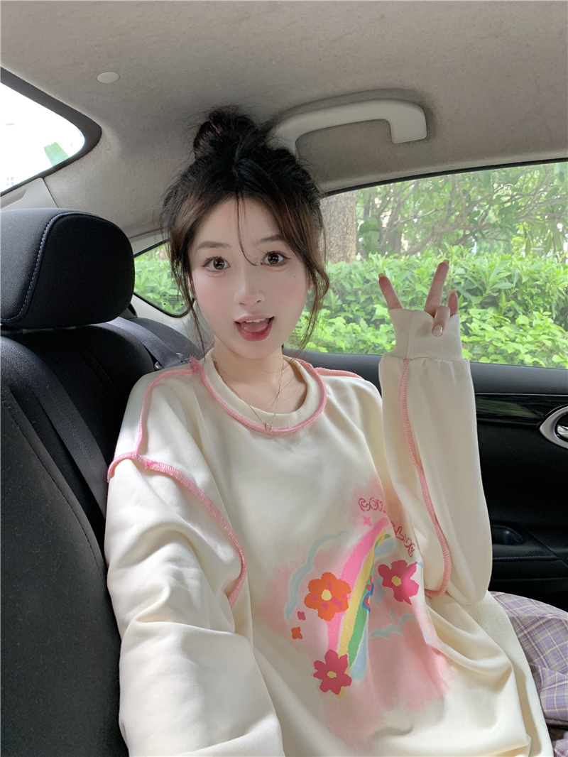 大魚鱗260克100%聚酯纖維 薄款衛衣女圓領印花塗鴉 後包條