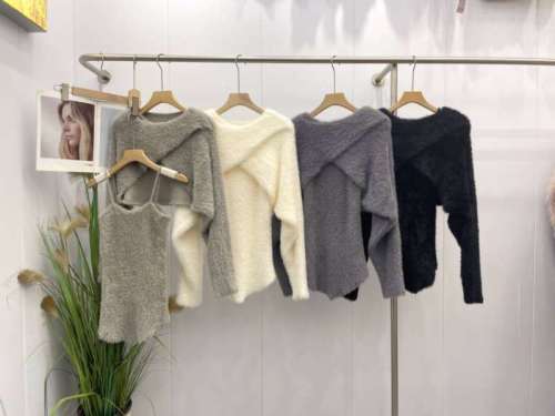 韩国秋季新品chic仿貂毛针织毛衣修身两件套装