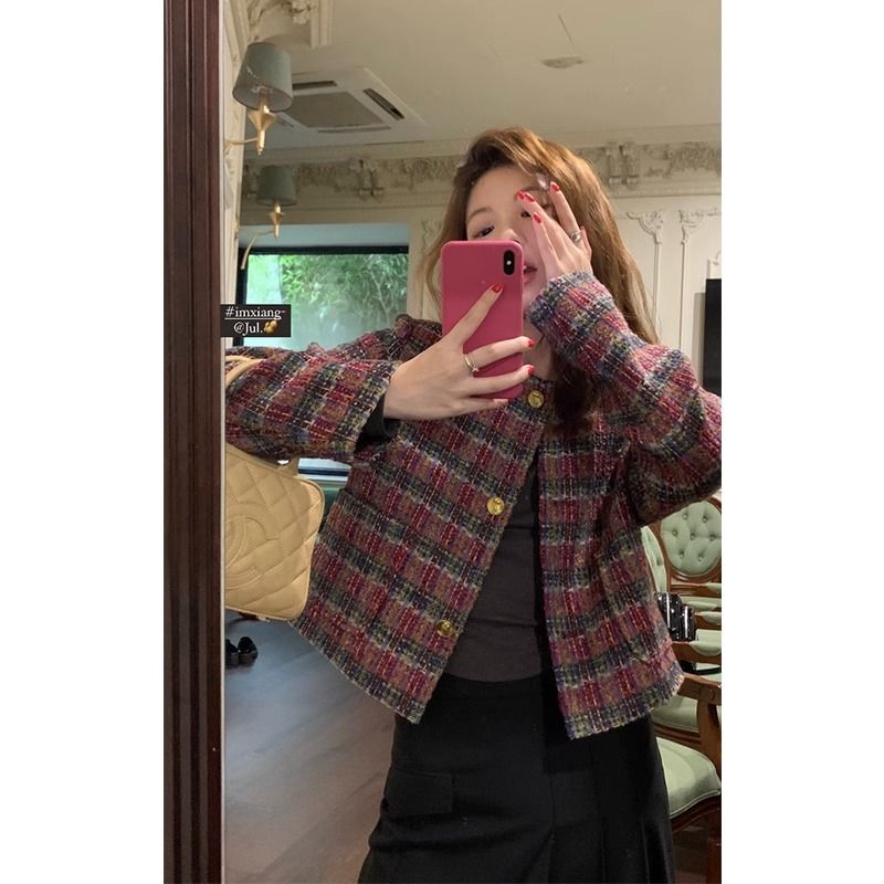 imxiang gilt peninsula burgundy contrast plaid braided style small fragrant style short coat women's daughter top