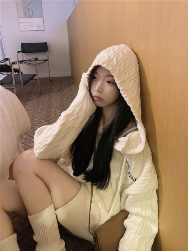 氣質溫柔套裝女裝連帽針織開衫上衣