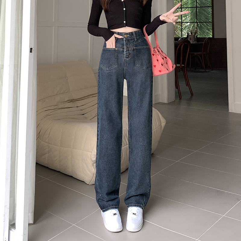 實拍~高腰闊腿牛仔褲女設計感小眾顯瘦寬鬆直筒垂感拖地褲子
