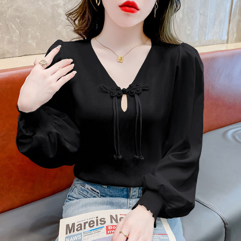 New Chinese Style Disk Button Sweater Autumn 2023 New Women's Chic Western Style Shirt Chiffon Long Sleeve Top