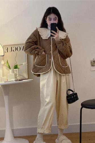 Real shot of autumn and winter new splicing contrasting color loose and slim rhombus doll collar coat thickened warm cotton coat for women