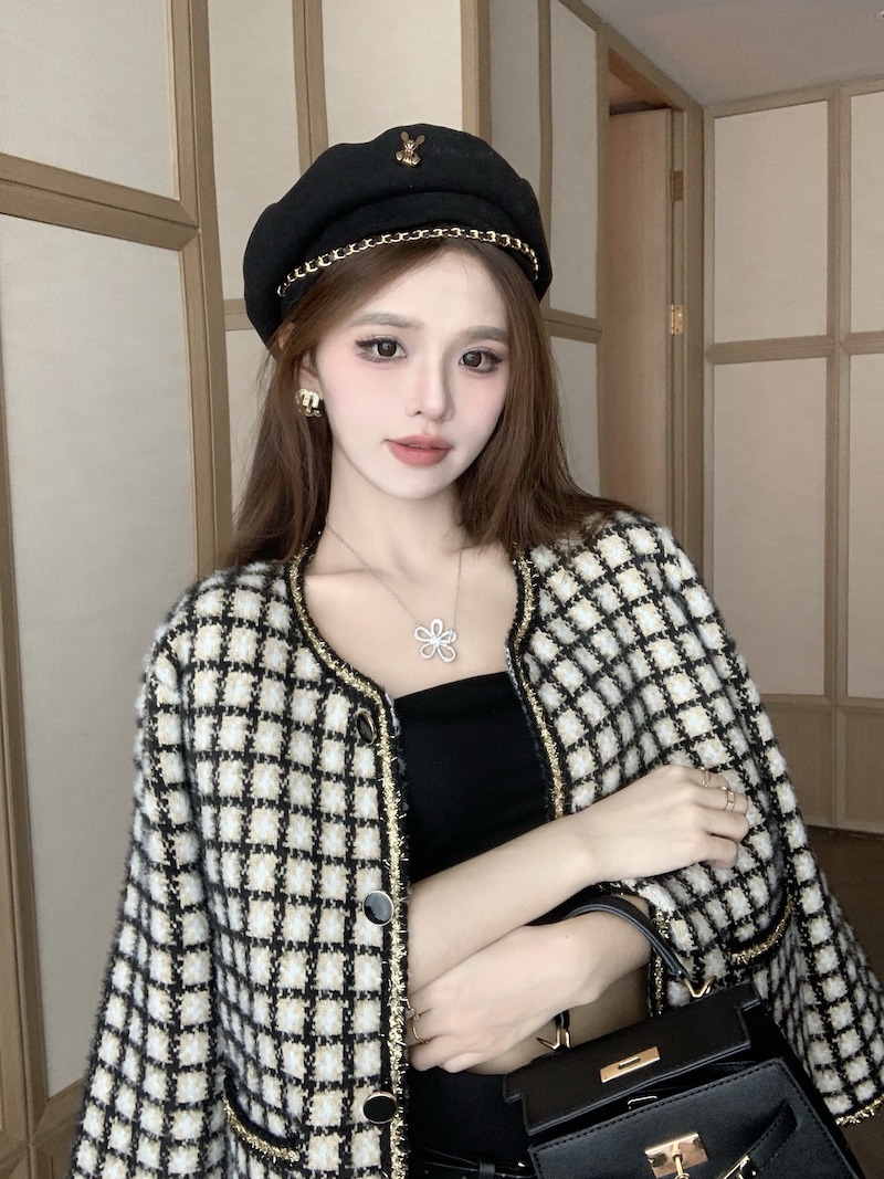 實拍 法式名媛小香風短外套秋季減齡千鳥格開衫氣質百搭上衣