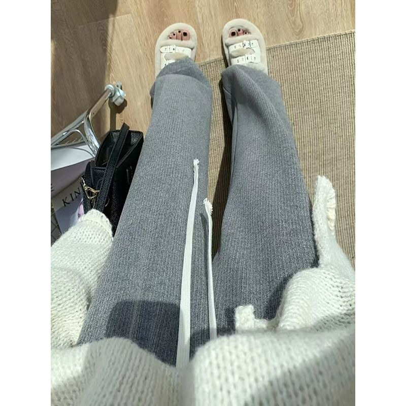 灰色針織仿羊毛絨闊腿褲女秋冬垂感高腰慵懶風拖地休閒加絨直筒褲