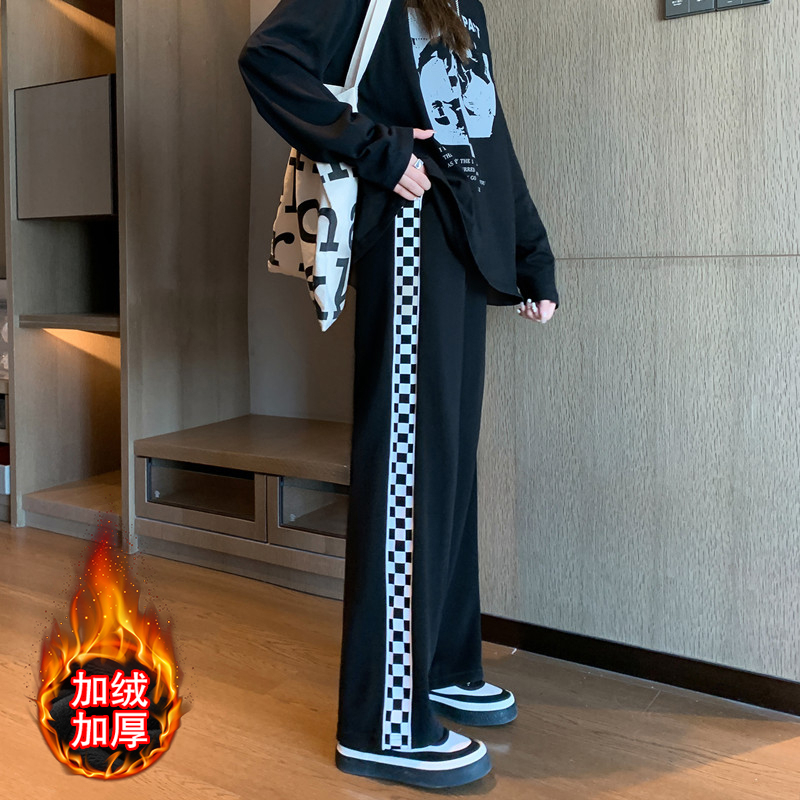 實拍 冬季韓6535複合寬鬆棋盤格闊腿褲拖地褲休閒加絨運動褲女