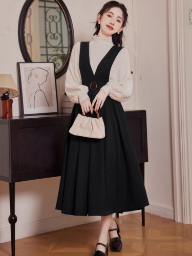 French Retro Bow Lantern Sleeve Top Women's Retro Slim High Waisted Thin Suspender Skirt Waist A-Line Skirt