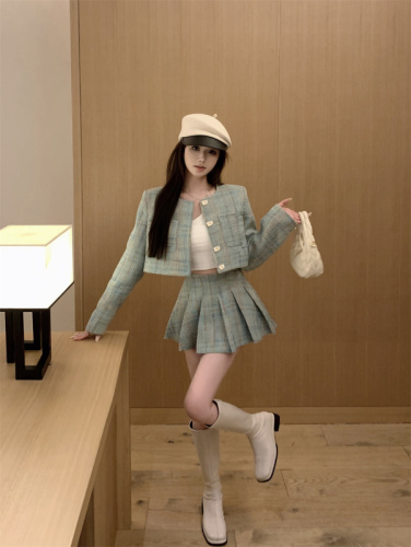 Real shot of small fragrance suit French retro tweed jacket high waist pleated skirt half skirt two-piece set for women