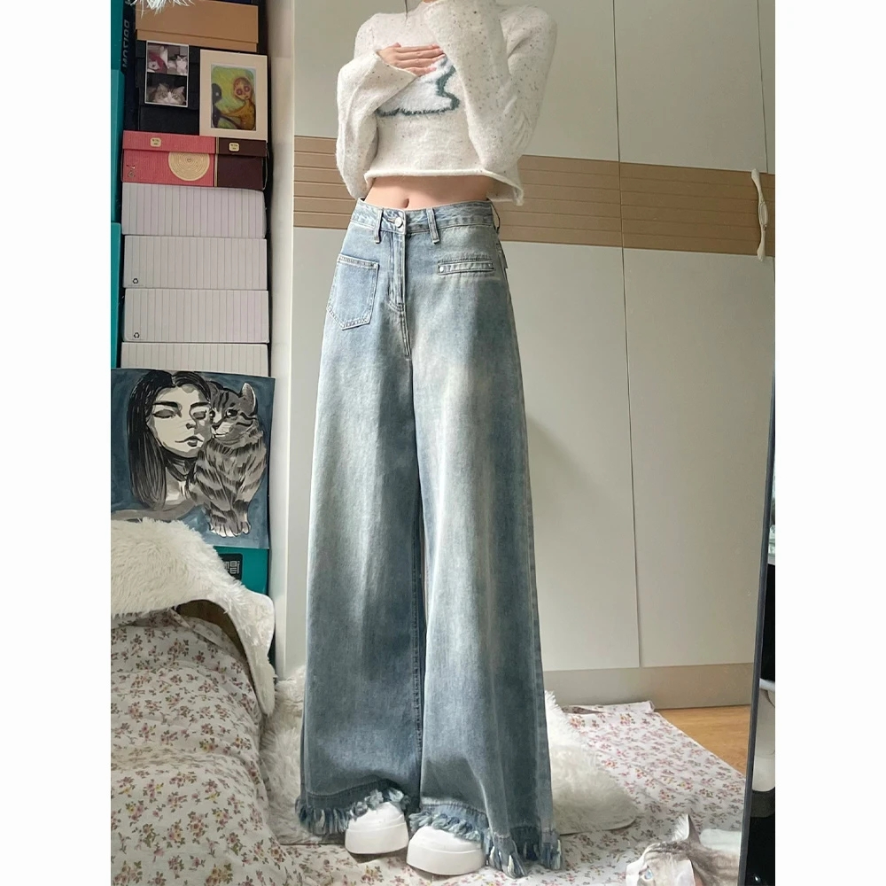 復古微喇叭牛仔褲女夏季新款高腰寬鬆大闊腿遮肉顯瘦直筒毛邊褲子
