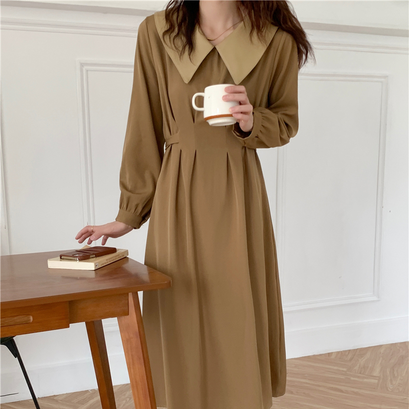 Actual shot of leather doll collar patchwork long dress
