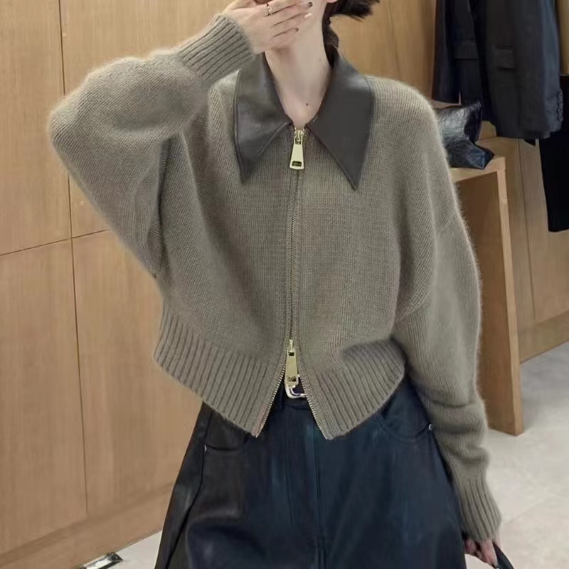 European high-end leather POLO collar stitching knitted cardigan double-ended zipper lazy style sweater jacket for women