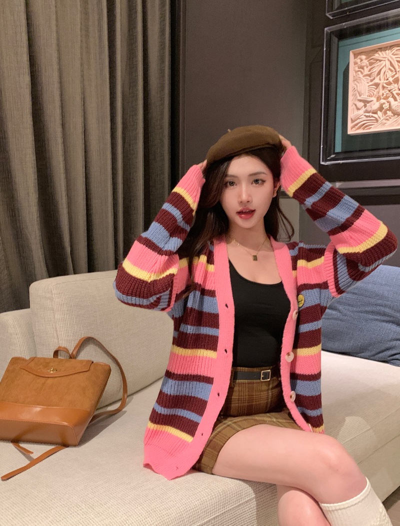 Real shot!  New striped V-neck lazy style knitted cardigan loose sweater + versatile woolen skirt