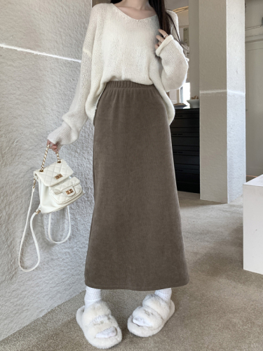 Actual shot ~ New autumn and winter thickened corduroy slit mid-length skirt for women with high waist and slimming skirt