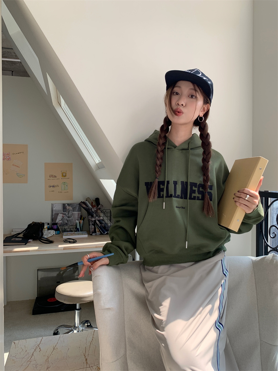Real shot!  Letter embroidered hooded regular sweatshirt casual versatile small loose top for women