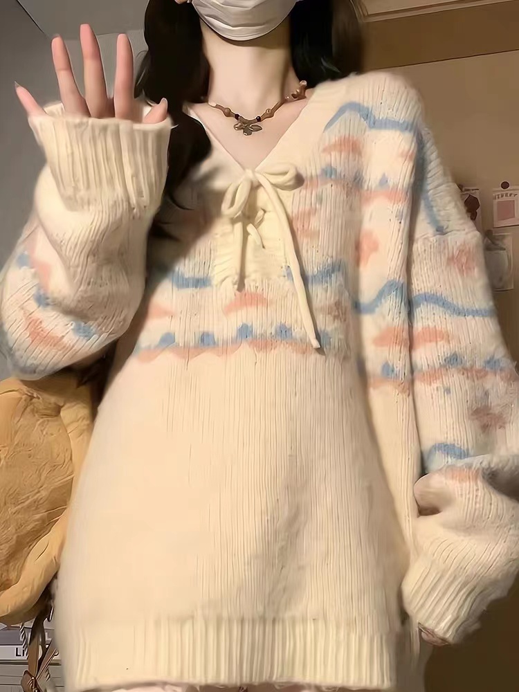 South Korea's Dongdaemun Autumn and Winter New V-neck Striped Bow Sweater Loose Lazy Warm Soft Waxy Pullover Jacket