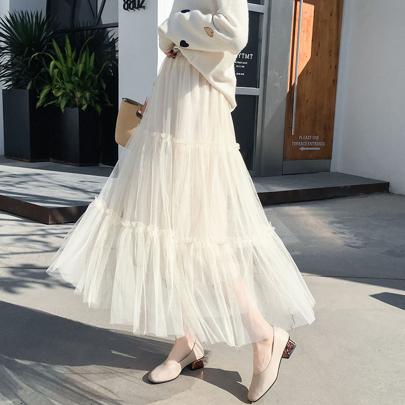 2023 Autumn and Winter Women's Gauze Skirt Women's Half-length Skirt A-line Puffy Mesh Pleated Fairy Swing Mid-Length Skirt