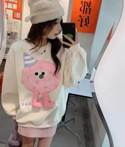 長袖衛衣女秋季2023新款設計感重工卡通刺繡寬鬆加絨上衣