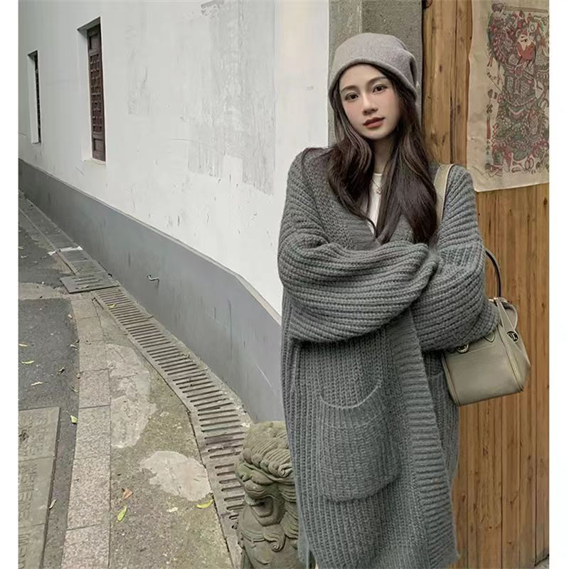 Autumn and winter lazy style thick-line sweater mid-length over-the-knee sweater jacket for women Korean style loose cardigan internet celebrity top