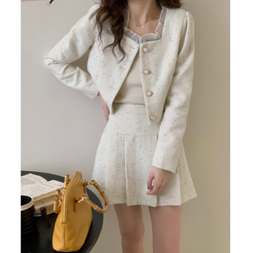 Xiaoxiangfeng thick suit  autumn and winter Korean style small round neck short coat high waist slim pleated skirt two-piece set