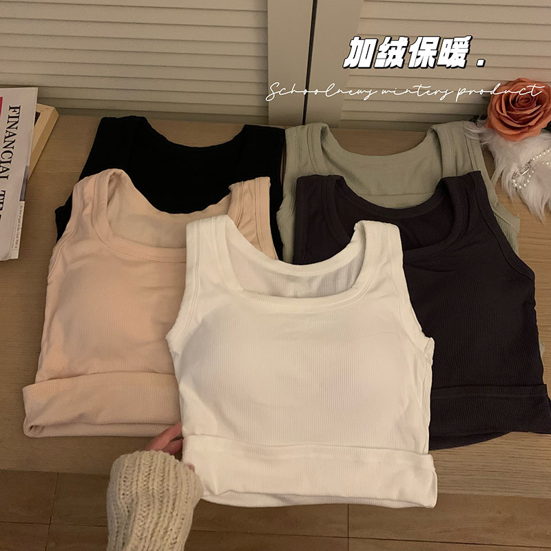 實拍 加絨保暖辣妹外穿吊帶短款帶胸墊內搭打底背心修身上衣