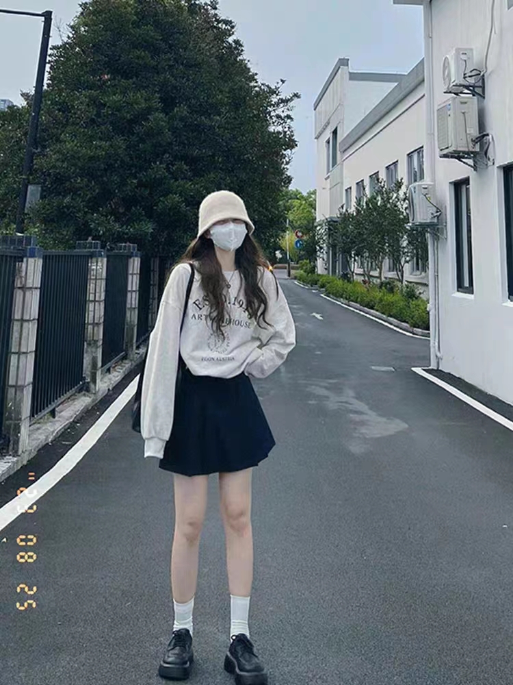 純棉複合 小個子短款衛衣女秋冬裝寬鬆慵懶風長袖圓領上衣