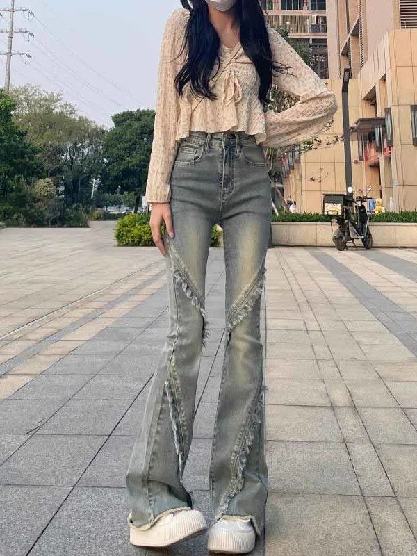 復古微喇牛仔褲女春季2023年新款美式毛邊高腰馬蹄褲喇叭褲子ins