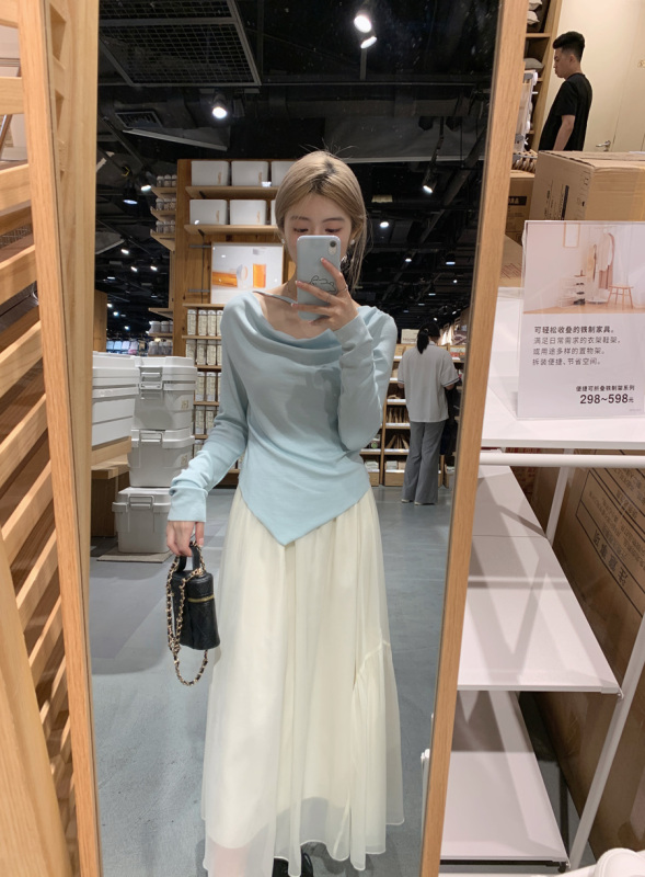 實拍設計感溫柔純欲甜辣遮肚修身顯瘦長袖T恤上衣+紗裙半身裙