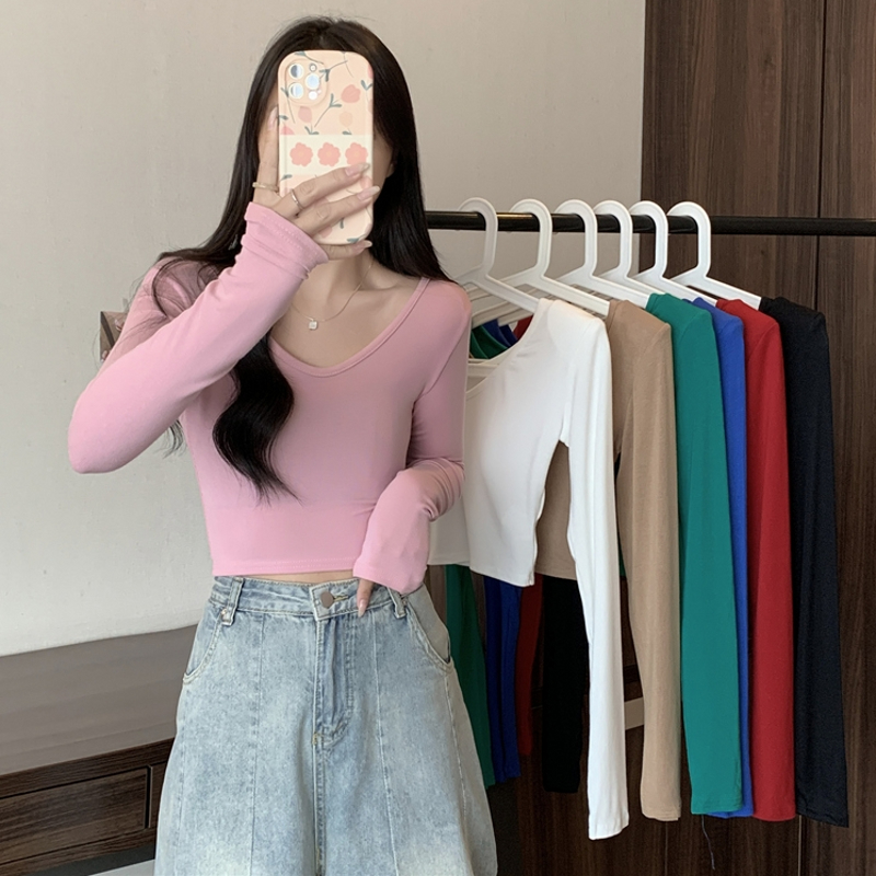 Real shot of ammonia velvet brushed thin velvet long-sleeved T-shirt for women V-neck short bottoming shirt for women